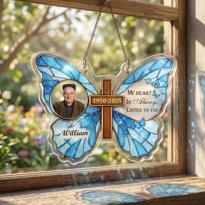 Personalized Photo & Name Cross Butterfly Suncatcher with Year, In Loving Memory Window Hanging Ornament, Home Decor, Sympathy Gift for Mom/Dad/Family