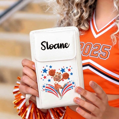 Personalisierte Umhängetasche für Cheerleaderinnen mit Namensaufdruck, Handytasche aus PU-Leder mit verstellbarem Riemen, Geburtstags-/Teamgeschenk für Cheerleaderinnen