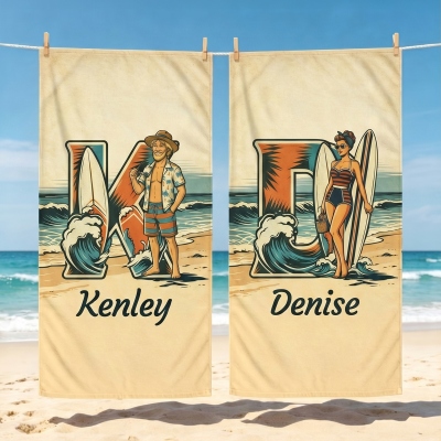 Custom Name Retro Cartoon Surfing Character Alphabet Beach Towel, Quick Dry Microfiber Pool Towel, Beach Party Favor, Vacation Gift for Surfing Lovers