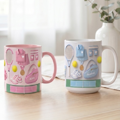 Personalized Cute Tennis Themed Mug with Name, 11oz/15oz Two Tone Ceramic Coffee Tea Mug with Coaster, Birthday Gift for Tennis Coach/Players/Her