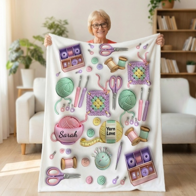 Personalized Name 3D Crochet & Yarn Blanket, Flannel/Sherpa Bed Couch Throw, Home Decor, Birthday/Mother's Day Gift for Crochet Lovers/Mom/Grandma