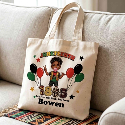 Personalized Juneteenth 1865 Cartoon Black Boy/Girl Character Tote Bag with Name, Large Capacity Canvas Handbag, Black Independence Day Gift for Kids