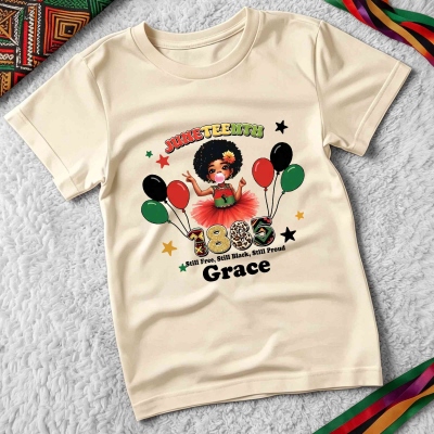 Personalized Name Juneteenth Cartoon Character T-shirt, Cotton Crewneck T-shirt, Birthday/Black Independence Day Gift for African American Kids/Adults