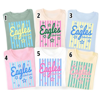 Personalized Mascot Striped T-Shirt with School Name, Star School Spirit Design Casual Top, Everyday Wear, Back to School/Game Day Gift for Students