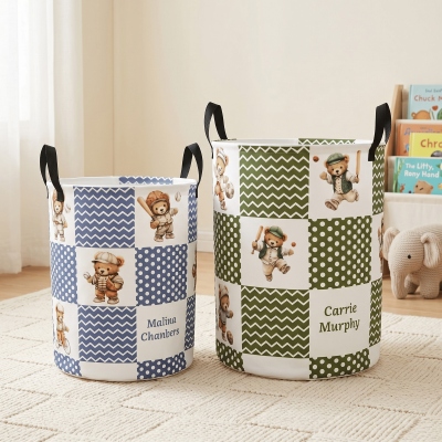 Custom Name Sports Teddy Bears Checkered Storage Basket with Handles, Large Capacity Waterproof Toy Laundry Basket, Birthday Gift for Kids/Toddlers