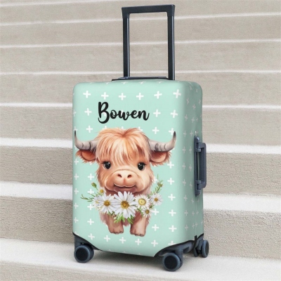 Custom Name Birth Flower Highland Cow Luggage Cover, Suitcase Protector Wrap, Travel Accessory, Birthday Gift for Women/Travelers/Highland Cow Lovers