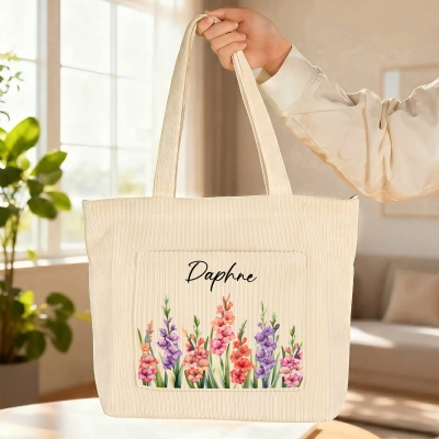 Personalized Name Birth Flower Corduroy Tote Bag, Large Capacity Zippered Handbag with Side Pockets, Birthday/Mother's Day Gift for Her/Mom/Women
