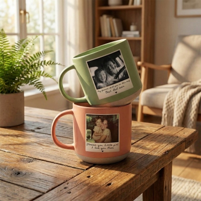 Personlig fotokeramisk mugg med text, kaffekopp med polaroidfotodesign, dagligt bruk, födelsedags-/årsdagspresent till mamma/pappa från barn