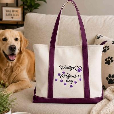 Personalisierte Tragetasche mit mehrfarbigem Namen, Herz- und Pfotenabdruckmuster, große Hundepflegetasche aus Canvas, Jubiläums-/Geburtstagsgeschenk für Tierliebhaber/Tierbesitzer