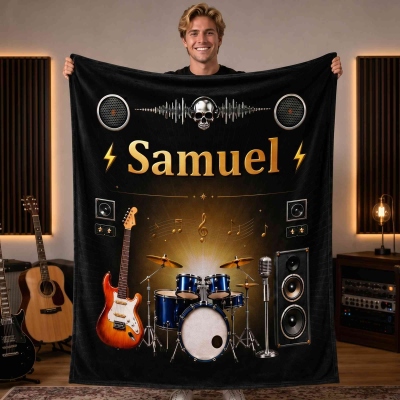 Personalized Metal Rock Music Instruments Blanket with Name, Flannel/Sherpa Throw for Bed Couch, Birthday/Anniversary Gift for Guitarists/Music Lovers