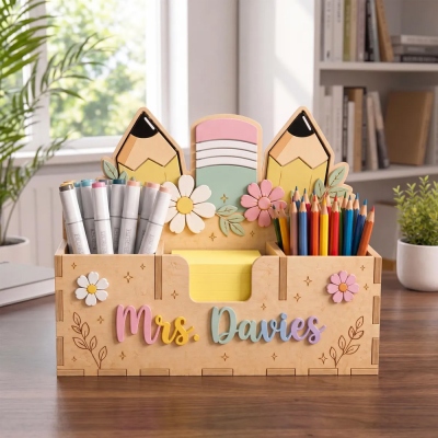 Stylos et porte-notes adhésifs personnalisés avec nom pour enseignants, organiseur de bureau en bois, décoration de salle de classe, cadeau de remerciement/d'anniversaire pour enseignants/éducateurs