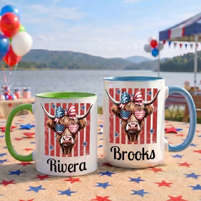 Custom Name Stars and Stripes Patriotic Highland Cow Mug, 11oz/15oz Two Tone Ceramic Coffee Tea Mug with Coaster, Independence Day Gift for Americans
