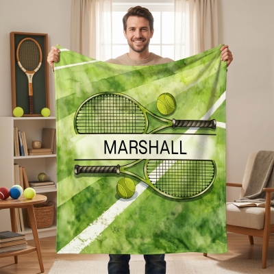 Personalized Tennis Racket & Ball Blanket with Name, Flannel/Sherpa Throw for Bed Couch, Birthday/Anniversary Gift for Tennis Lovers/Players/Coaches