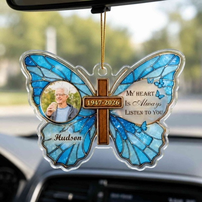 Personalized Photo & Name Cross Butterfly Ornament with Year, In Loving Memory Car Hanging Ornament, Car Accessory, Sympathy Gift for Mom/Dad/Family