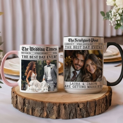 Personalized Photo & Names Newspaper Backdrop Couple's Mug with Date, 11oz/15oz Two Tone Ceramic Mug, Anniversary/Wedding Gift for Couple/Newlyweds