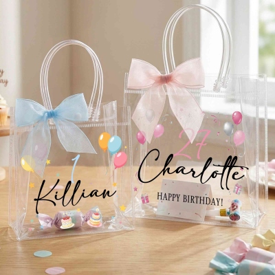 Personalized Name & Age Birthday Gift Bag with Bow Ribbon, PVC Transparent Bag, Party Favor, Birthday Gift for Kids/Family/Friends