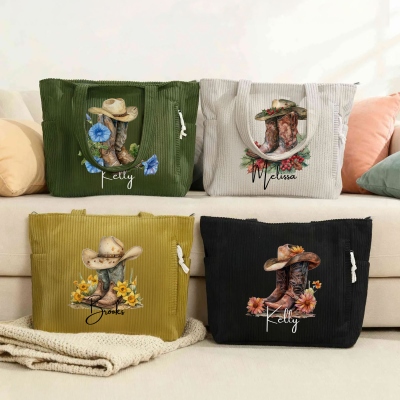Personalized Vintage Birth Flower Cowgirl Boots Corduroy Tote with Name, Large Capacity Commuter Travel Handbag with Pockets, Birthday Gift for Her