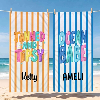 Personalized Pastel Stripes Beach Towel with Name, Cute Quick Dry Pool Towel with Quote, Summer Vacation/Beach Party Favor, Gift for Girls/Friends