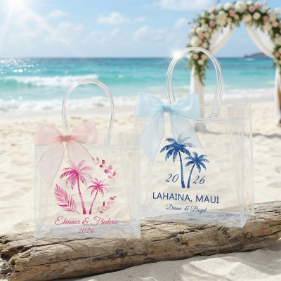 Personalized Names & Year Palm Trees Wedding Party Gift Bag with Bow Ribbon, PVC Transparent Bag, Wedding Gift for Bridesmaids/Guests/Newlyweds