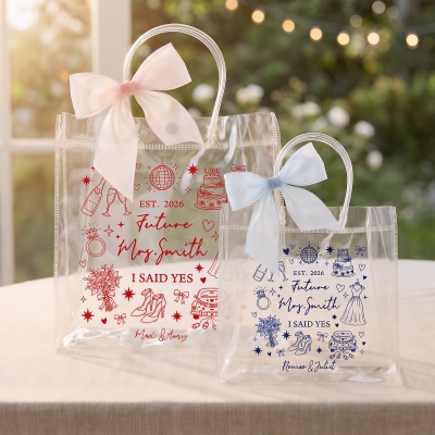 Personalized Names & Year Wedding Elements Gift Bag with Bow Ribbon, PVC Transparent Bag, Wedding Gift for Bridesmaids/Newlyweds/Guests
