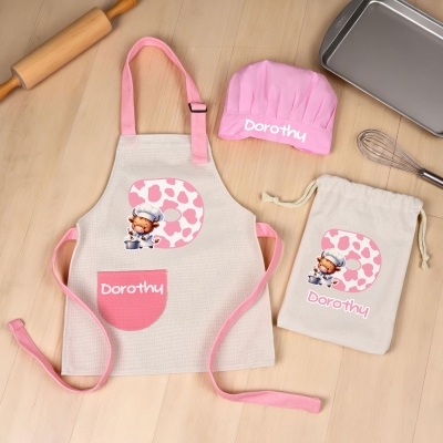 Personalized Name Highland Cow Kid Kitchen Apron with Chef Hat & Bag, Durable Linen Adjustable Baking Apron with Pocket, Gift for Kids/Little Chef