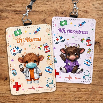 Custom Name Highland Cow ID Badge Holder with Lanyard, Cute PU Leather Medical ID Card Holder, Appreciation Gift for Nurses/Doctors/Medical Staff