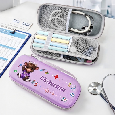 Personalized Cute Highland Cow Stethoscope Case with Name, Medical Supplies Organizer with Handle & Mesh Bag, Appreciation Gift for Nurses/Doctors