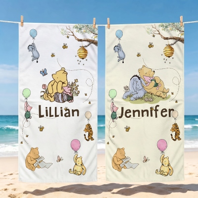 Custom Classic Winnie the Pooh Beach Towel with Name, Quick Dry Microfiber Bath Towel, Summer Vacation/Beach Party Favor, Gift for Kids/Boys/Girls