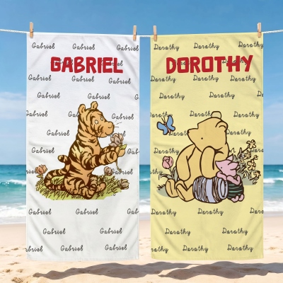 Personalized Name Classic Winnie the Pooh Cartoon Beach Towel, Soft Quick Dry Microfiber Bath Towel, Summer Vacation/Beach Party Favor, Gift for Kids