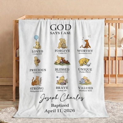 Custom Classic Winnie the Pooh Bible Verse Blanket with Name, Flannel/Sherpa Throw for Bed Couch, Nursery Decor, Baby Shower/Baptism Gift for Kids