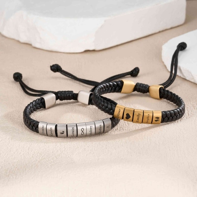 Personalized Engraved Braided Leather Men's Bracelet with Name, Adjustable Matte Family Bead Bracelet, Father's Day/Birthday Gift for Dad/Husband/Him