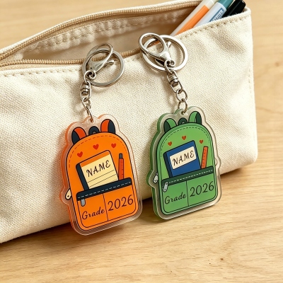 Personalized School Backpack Keychain with Name & Grade, Acrylic Schoolbag Charm, Back to School Bag Tag, First Day of School Gift for Kids/Students