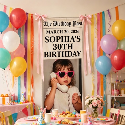 Personalized Photo Retro Newspaper Banner with Name and Date, Cotton-Linen Party Tapestry, Birthday Celebration Decor, Gift for Friends/Family