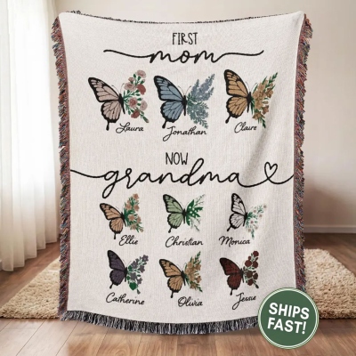 Personalized Birth Flower Butterfly Throw Blanket with Name, First Mom Now Grandma Cotton Woven Tapestry, Family Keepsake, Birthday Gift for Grandma