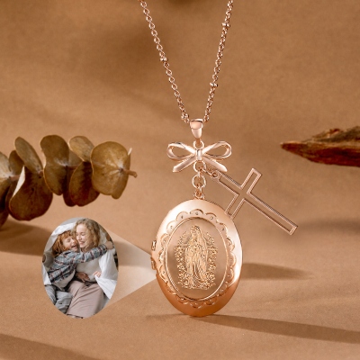 Personalized Bow Cross Virgin Mary Photo Locket Necklace, Dainty Christian Jewelry, Birthday/Baptism/Christmas Gift for Her/Mom/Family/Friends