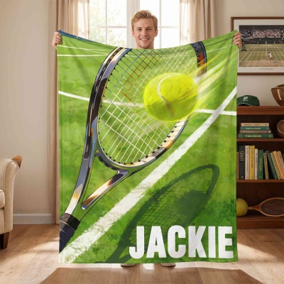 Personalized Name Tennis Racket & Ball Blanket, Flannel/Sherpa Throw for Bed Couch, Birthday/Anniversary Gift for Tennis Lovers/Players/Coaches