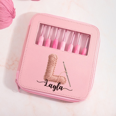 Custom Name Knitting Yarn Ball Alphabet Crochet Hooks with Leather Bag, Ergonomic Crochet Tools Set of 9, Gift for Her/Mom/Grandma/Knitting Lovers