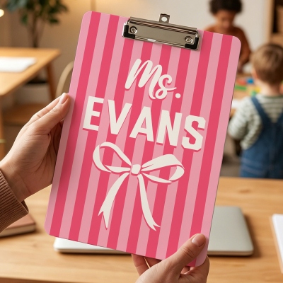 Personalized Striped Bow Acrylic Teacher Clipboard with Name, School Supplies, Teacher's Day/Appreciation/Back to School Gift for Teachers/Educators