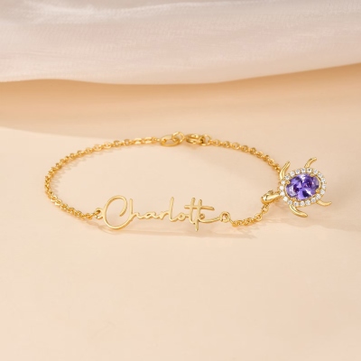 Custom Turtle Name Bracelet with Birthstone, Dainty Sterling Silver 925 Ocean Lucky Jewelry, Birthday/Christmas Gift for Her/Ocean Lovers/Friends