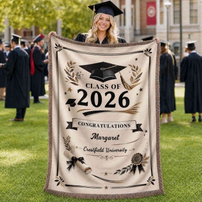 Personalized Name Vintage Grad Diploma Blanket with Tassels, Flannel Bed Couch Throw, Class of 2026 High School/College Keepsake, Gift for Graduates