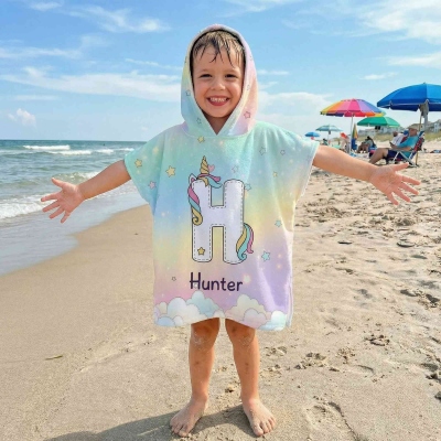 Custom Name Rainbow Fantasy Unicorn Alphabet Hooded Beach Towel with Drawstring Bag, Quick Dry Bath Towel, Vacation/Pool Party Favor, Gift for Kids