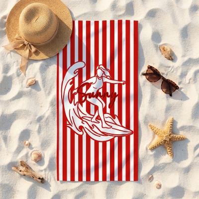 Personalized Name Striped Surfing Character Beach Towel, Quick Dry Microfiber Bath Towel, Summer Vacation/Pool Party Favor, Gift for Surfing Lovers