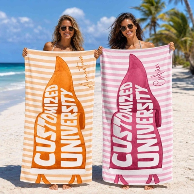 Personalized Pennant Flag Striped Beach Towel with Name, Quick Dry Microfiber School Banner Towel, Vacation/Pool Party Favor, Gift for Graduates
