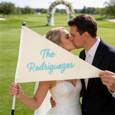Custom Chenille Embroidered Family Name Wedding Pennant, Canvas Sentimental Triangle Flag, Just Married Photo Prop, Gift for Newly Married/Couples