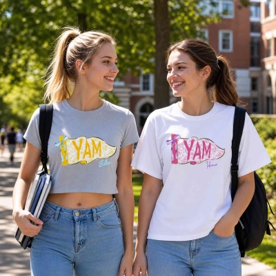Custom Preppy Initial Pennant Design Crop Top/T-shirt with Name, Girly Campus Club Outfit with Multicolor, Graduation/Back to School Gift for Girls