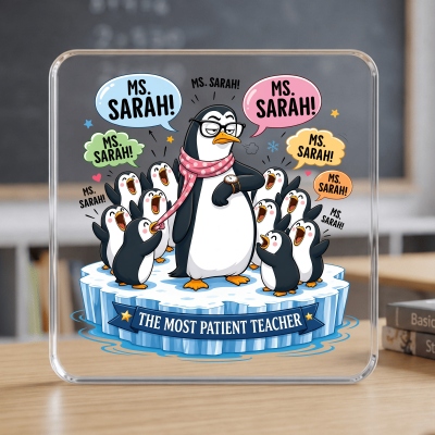 Personalized Penguin Teacher Square Acrylic Plaque with Name, Freestanding Desktop Decor, Graduation/Appreciation/Teachers’ Day Gift for Teachers