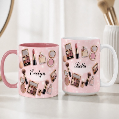Personalized Makeup-Themed Mug with Name, 11/15oz Two Tone Ceramic 3D Cosmetic Coffee Mug with Handle, Birthday Gift for Her/Besties/Makeup Artists