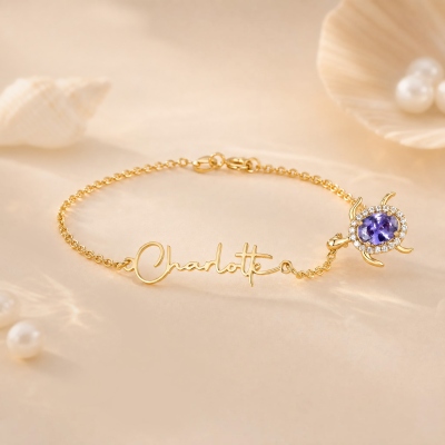 Personalized Sea Turtle Anklet with Name & Birthstone, Sterling Silver 925 Dainty Ocean Jewelry, Birthday/Anniversary Gift for Her/Couple/Besties