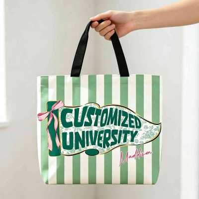Personalized Bow Floral Pennant Striped Tote Bag with Name, Large Capacity Handbag, Graduation Party Favor, Gift for Graduates/Alumnae