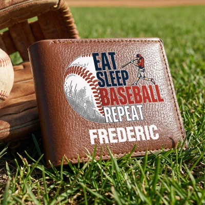 Personalized Name Eat Sleep Baseball Repeat Bifold Wallet, PU Leather Men's Cash Card Holder, Father's Day/Birthday Gift for Baseball Lovers/Players